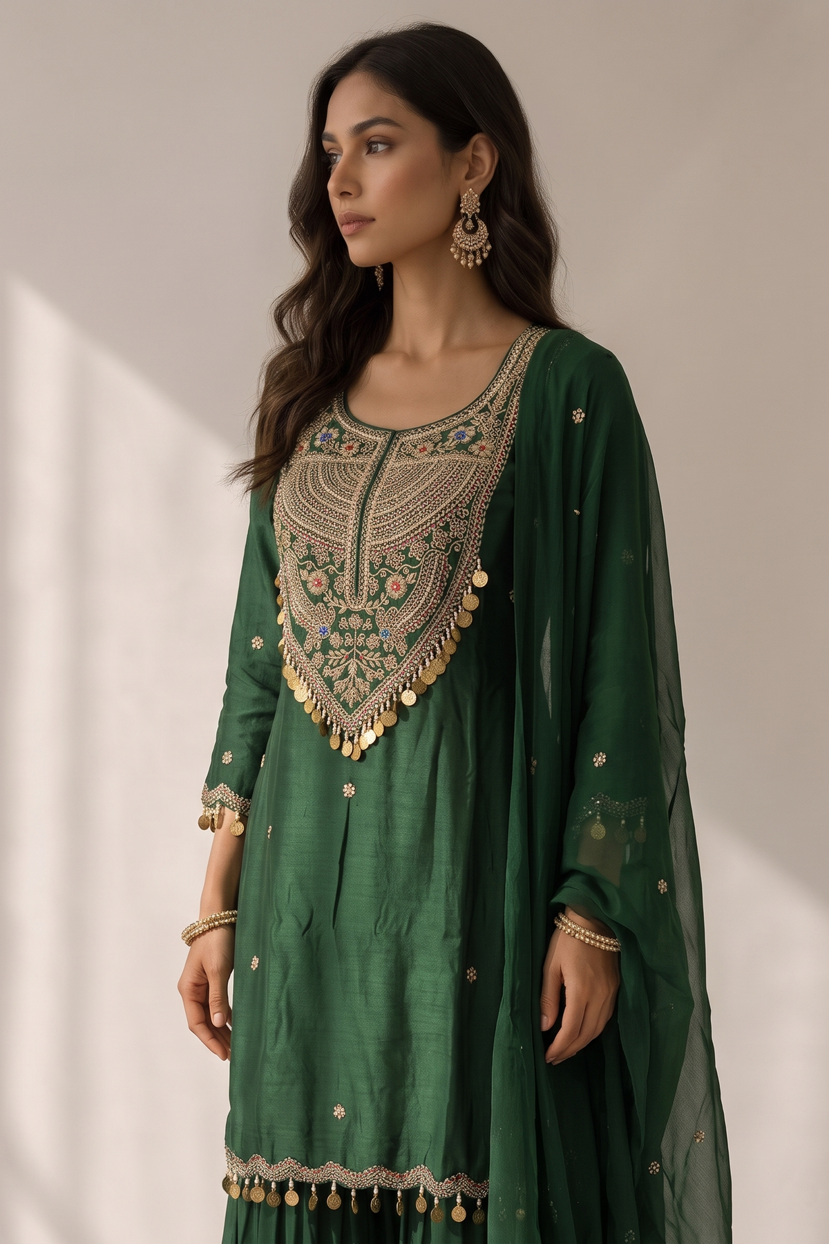 Dark Green Embellished Georgette Silk Sharara Set