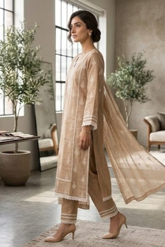 Beige Embroidered Mul Chanderi Silk Pant Set