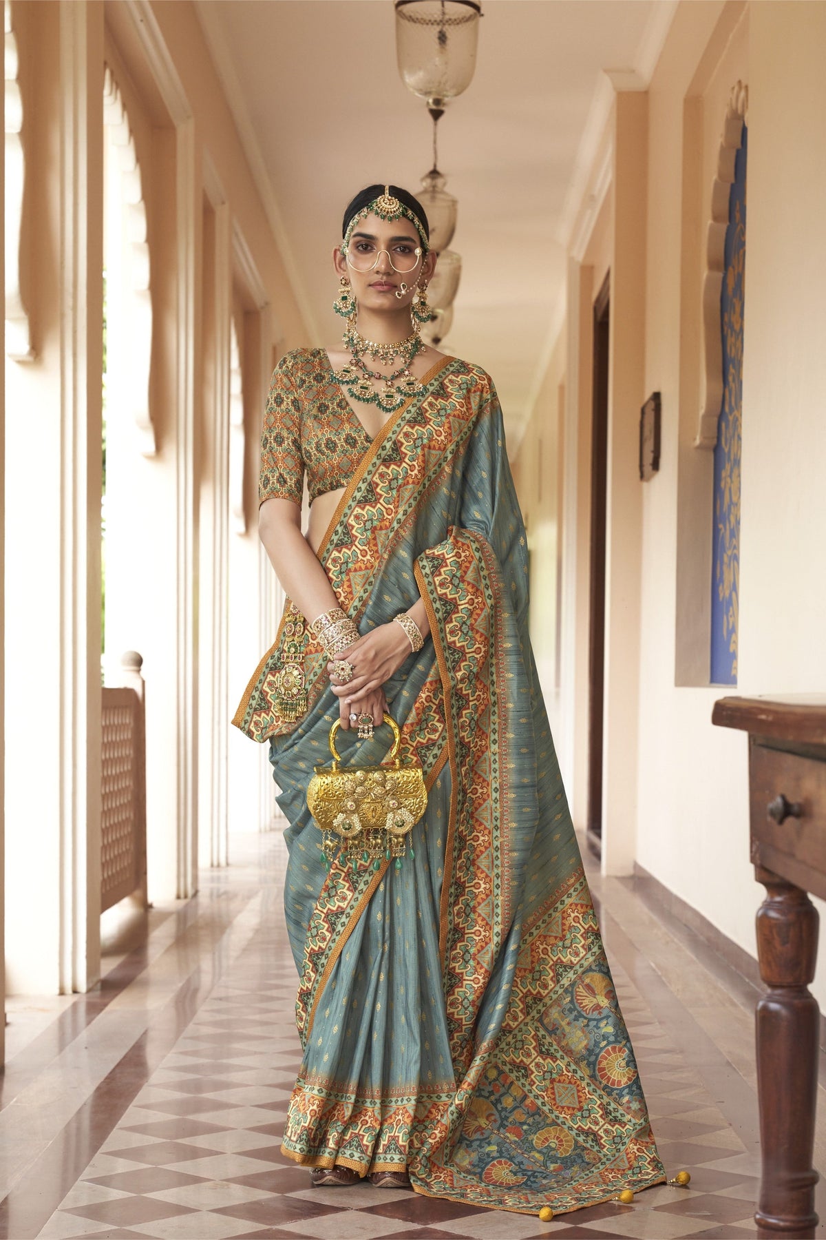 Steel Blue Printed Premium Silk Saree