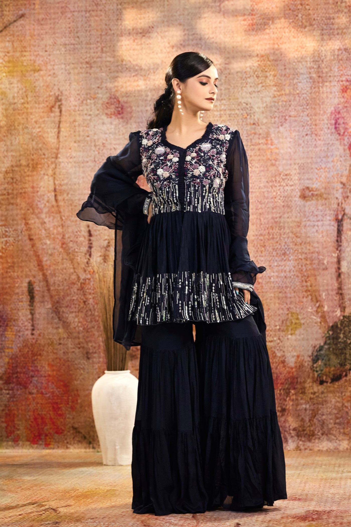 Navy Blue Embellished Pure Crepe Silk Sharara Set