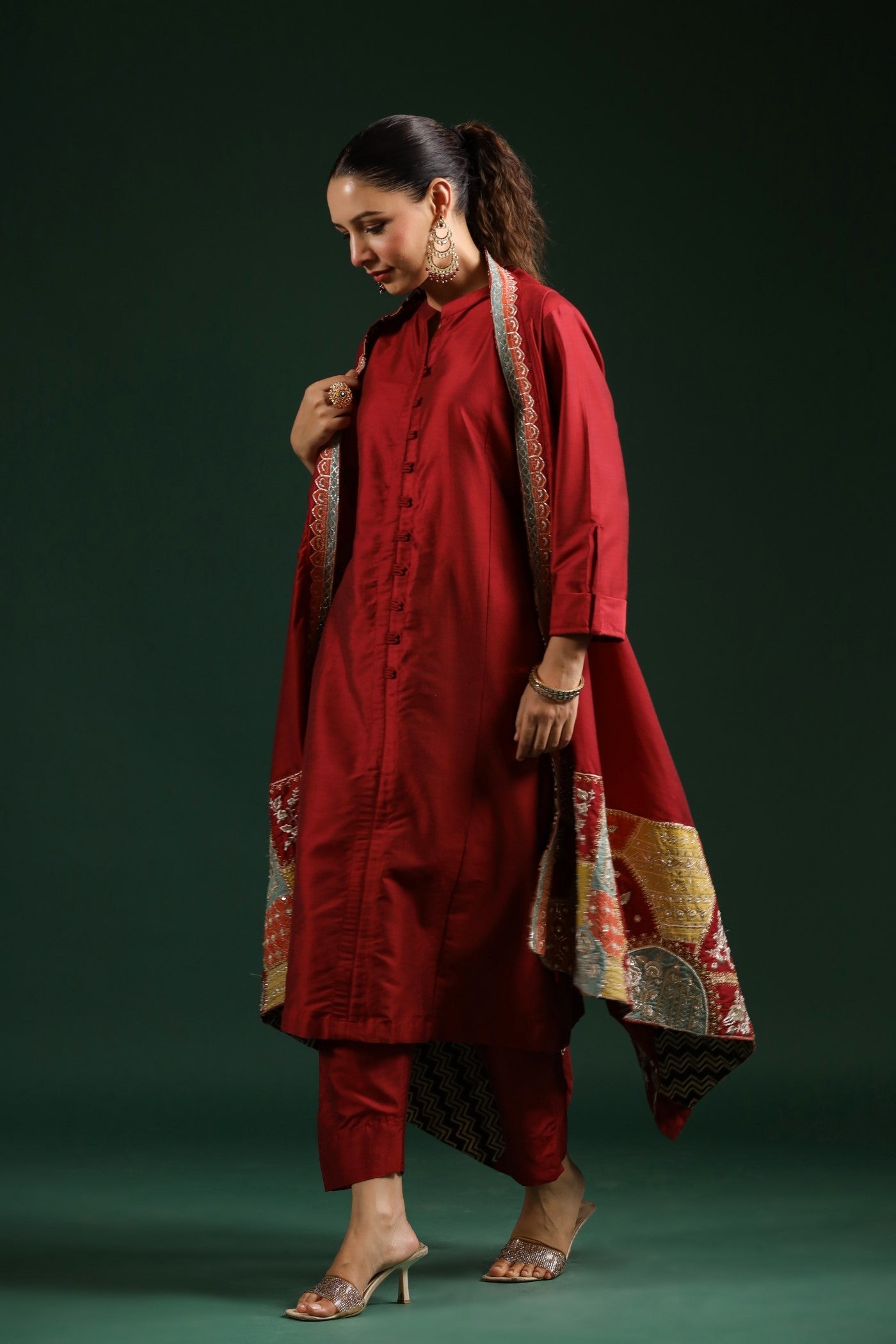 Maroon Ethnical Embroidered Dola Silk Cape Set
