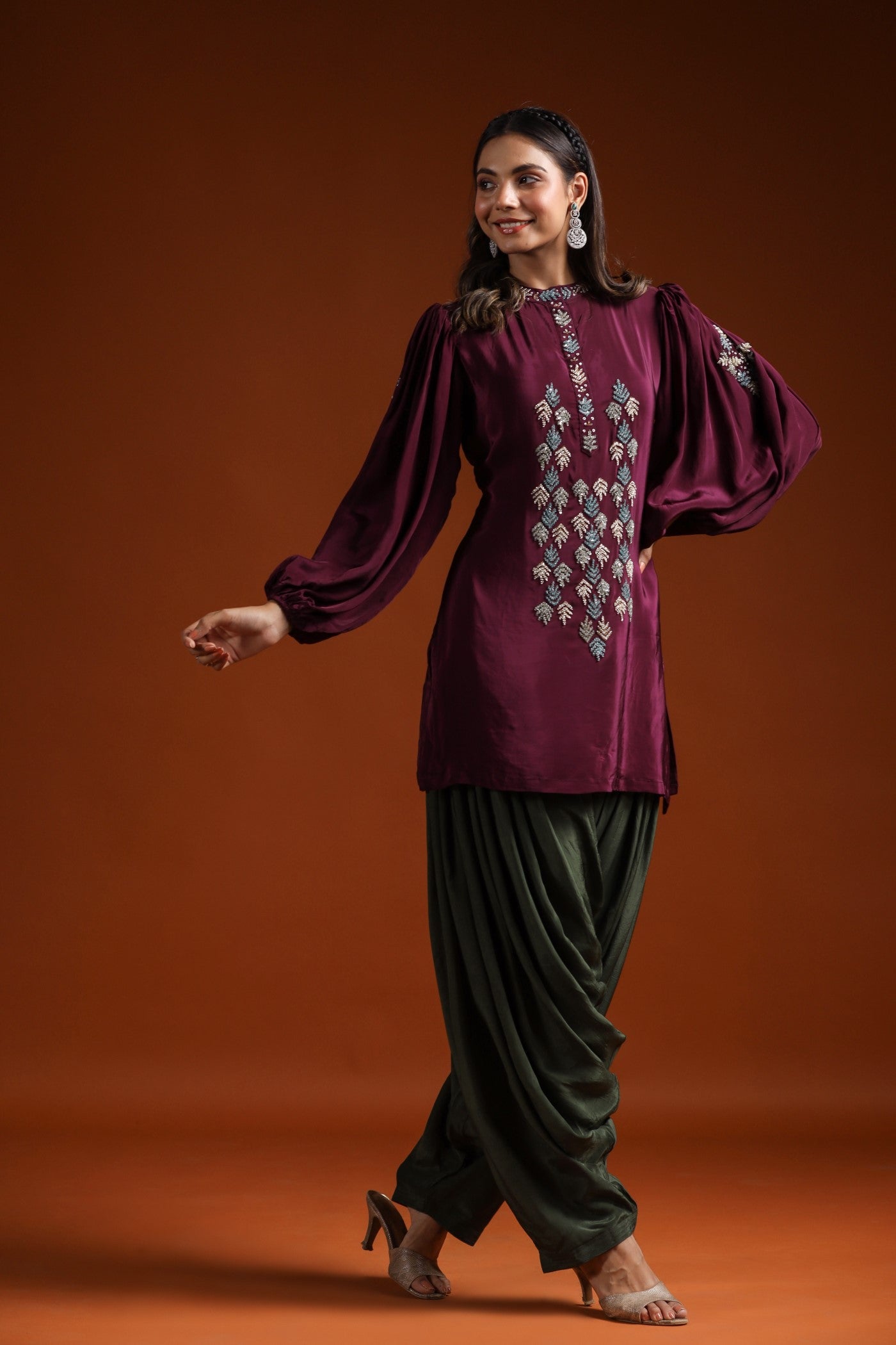 Wine Embellished Contrast Salwar Set