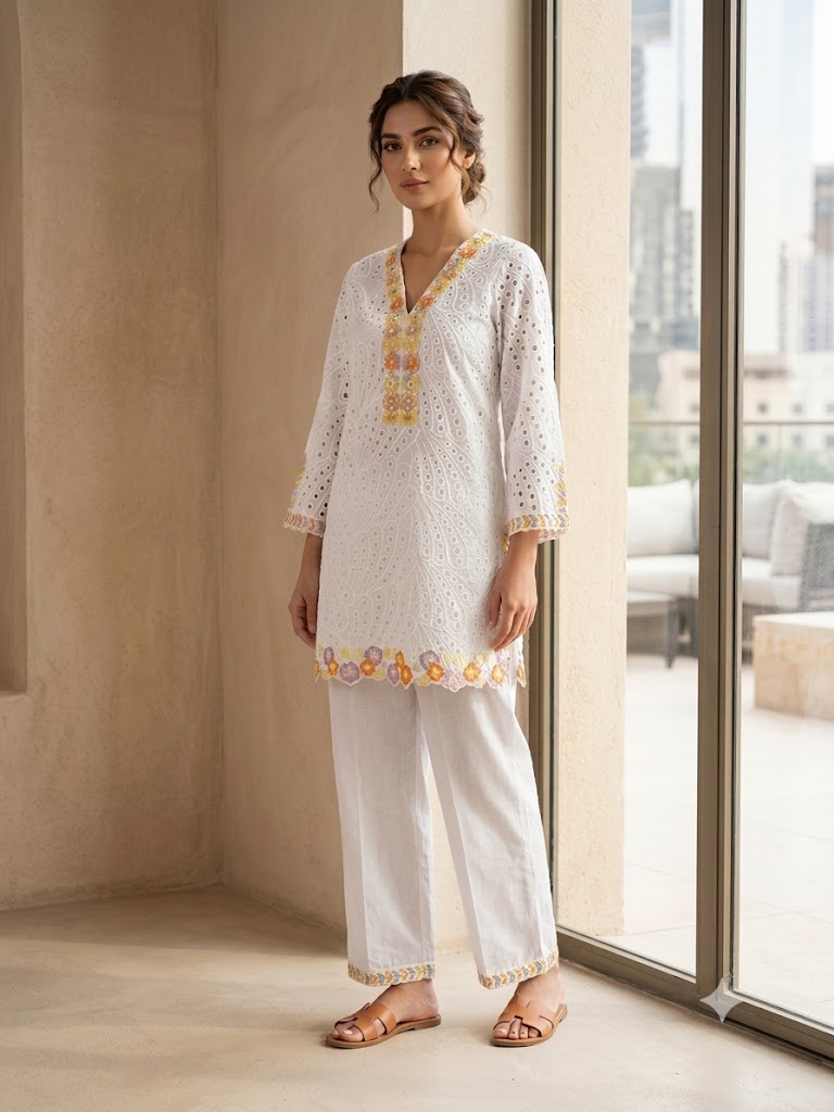 Crisp White Schiffli Embroidered Cotton Kurta Set