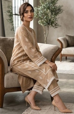 Beige Embroidered Mul Chanderi Silk Pant Set