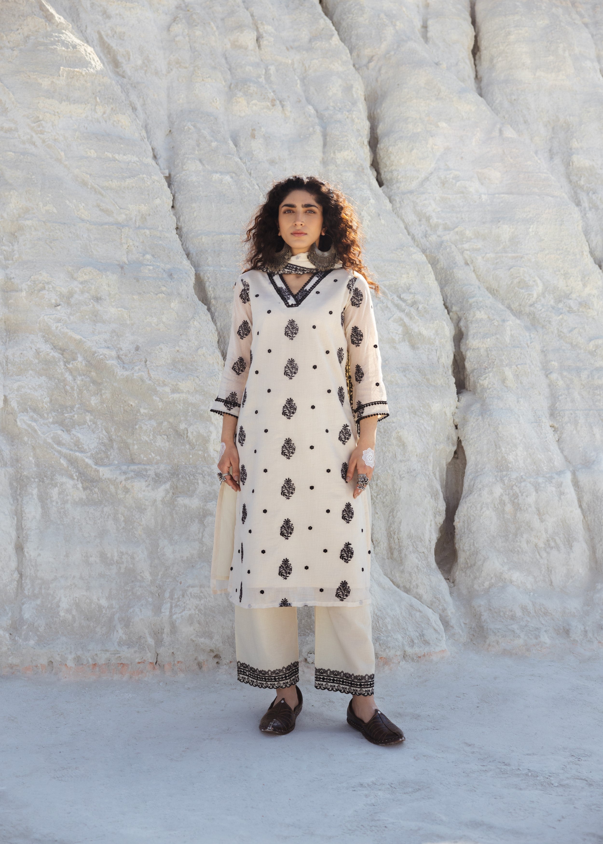 Ivory Embroidered Kota Doria Pant Set