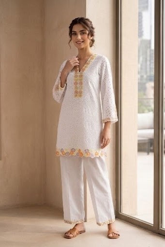 Crisp White Schiffli Embroidered Cotton Kurta Set