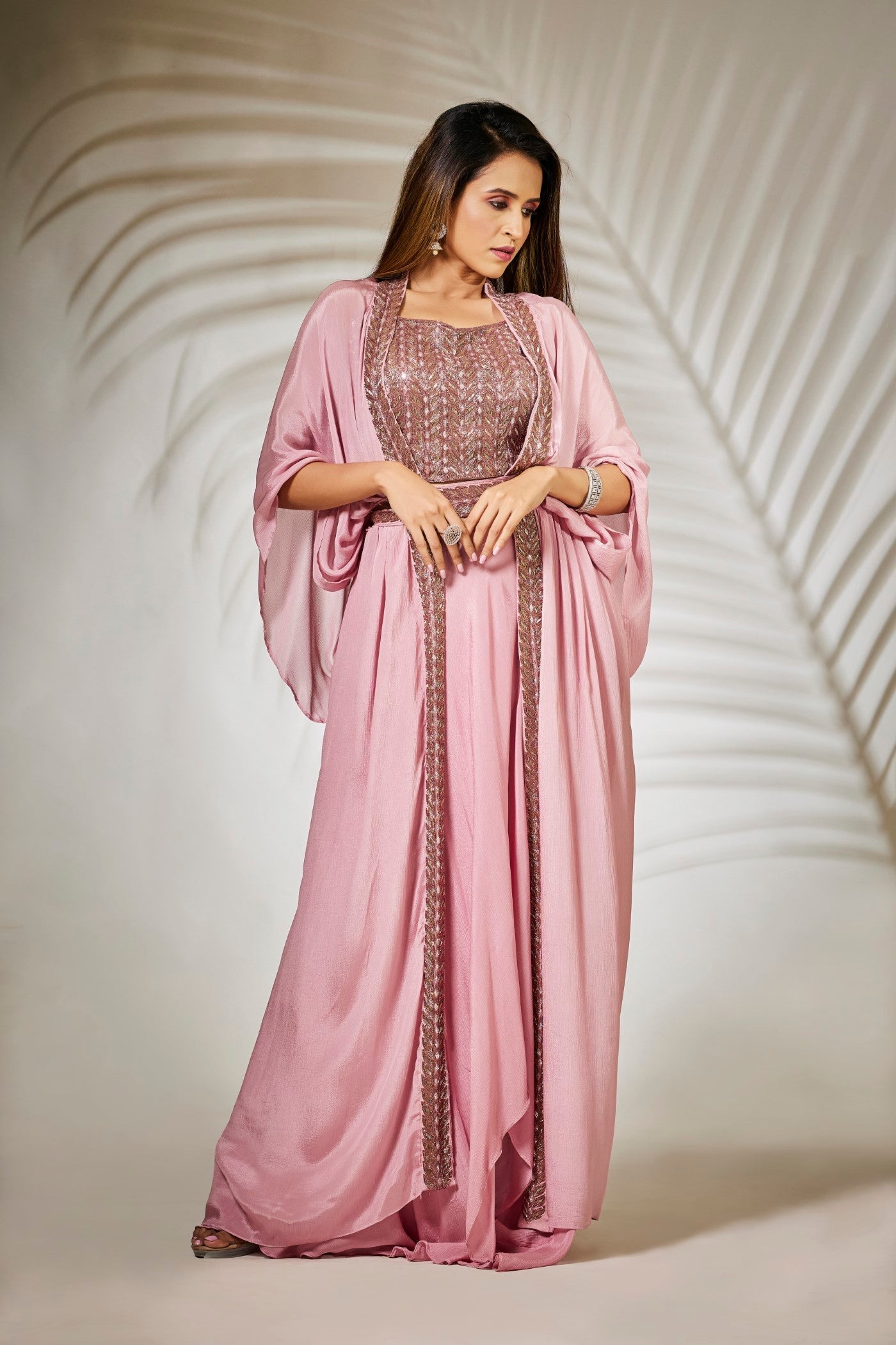 Pastel Pink Pure Chinnon Silk Plazzo Set with Cape