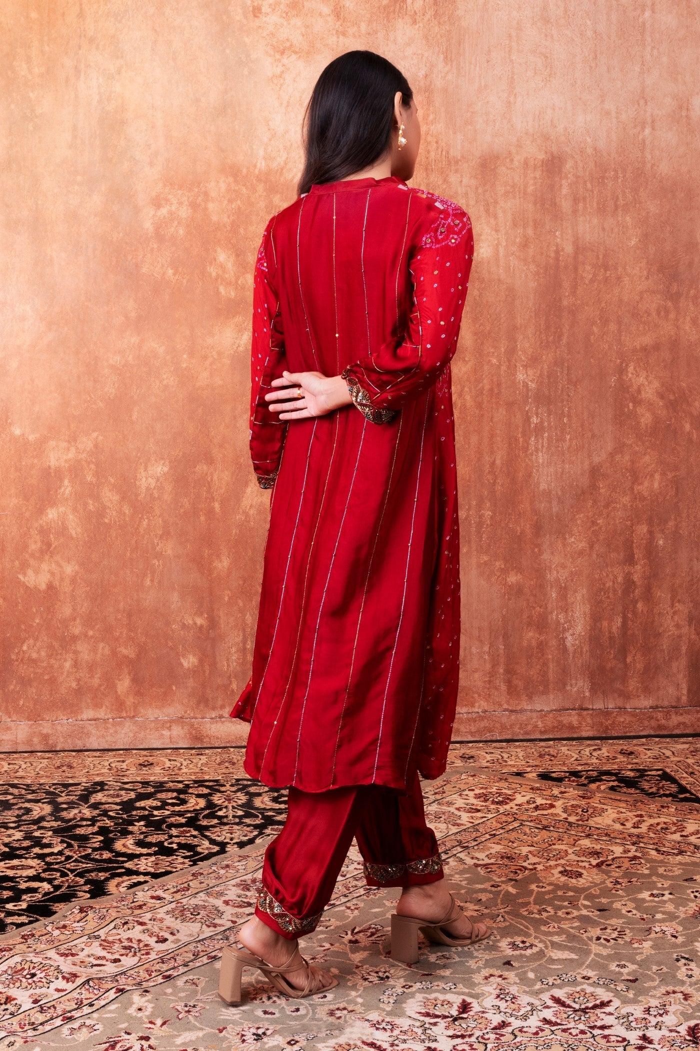 Red Bandhej Printed Embellished Kurta Set