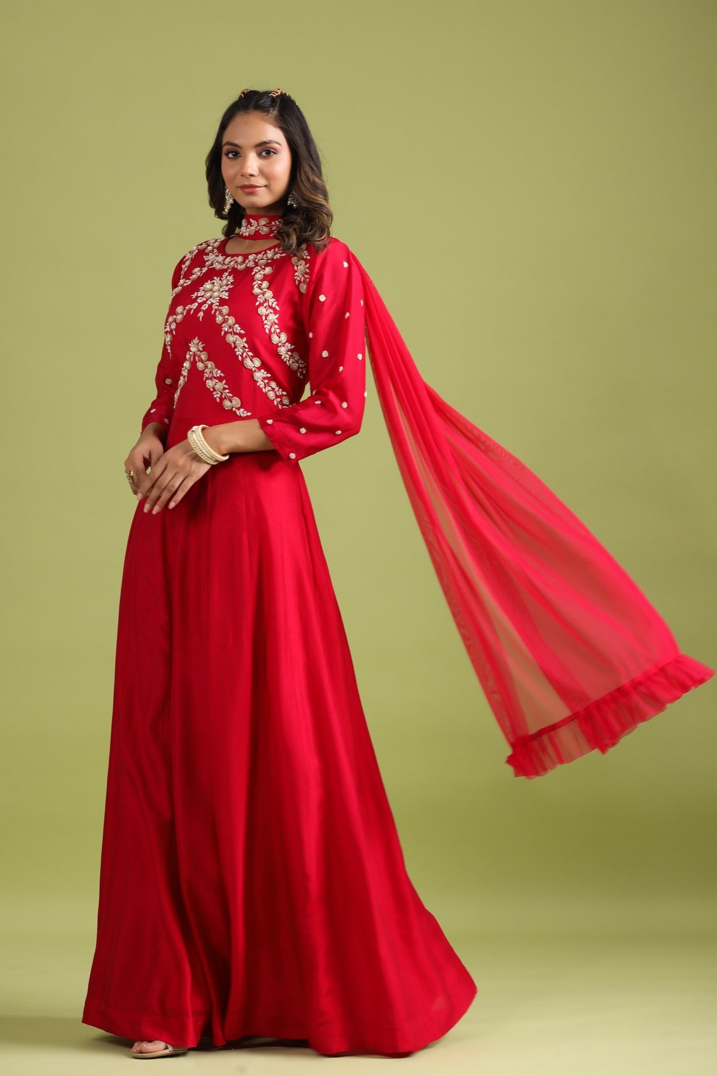 Red Embellished Anarkali Set