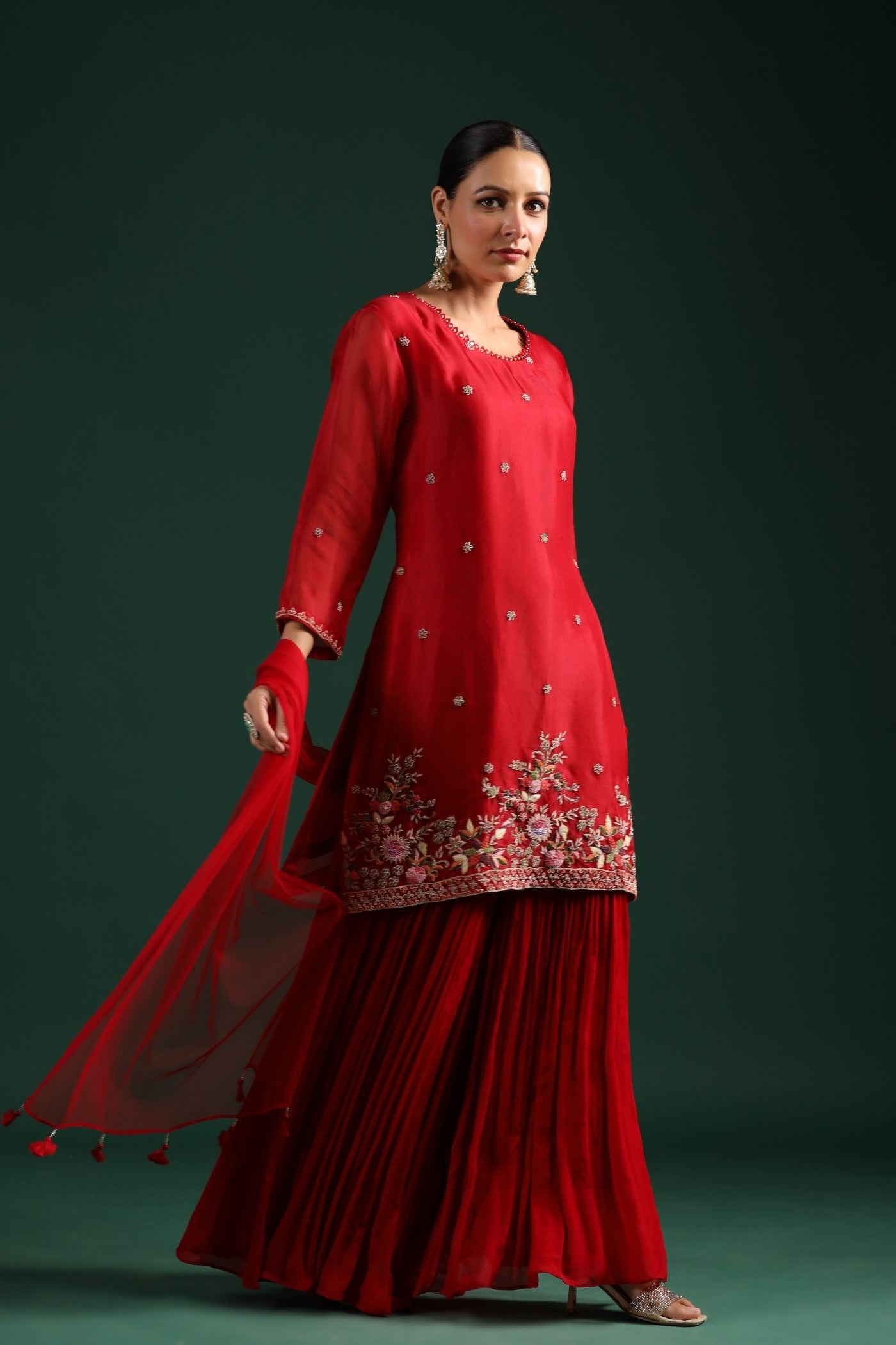 Red Embellished Sharara Set