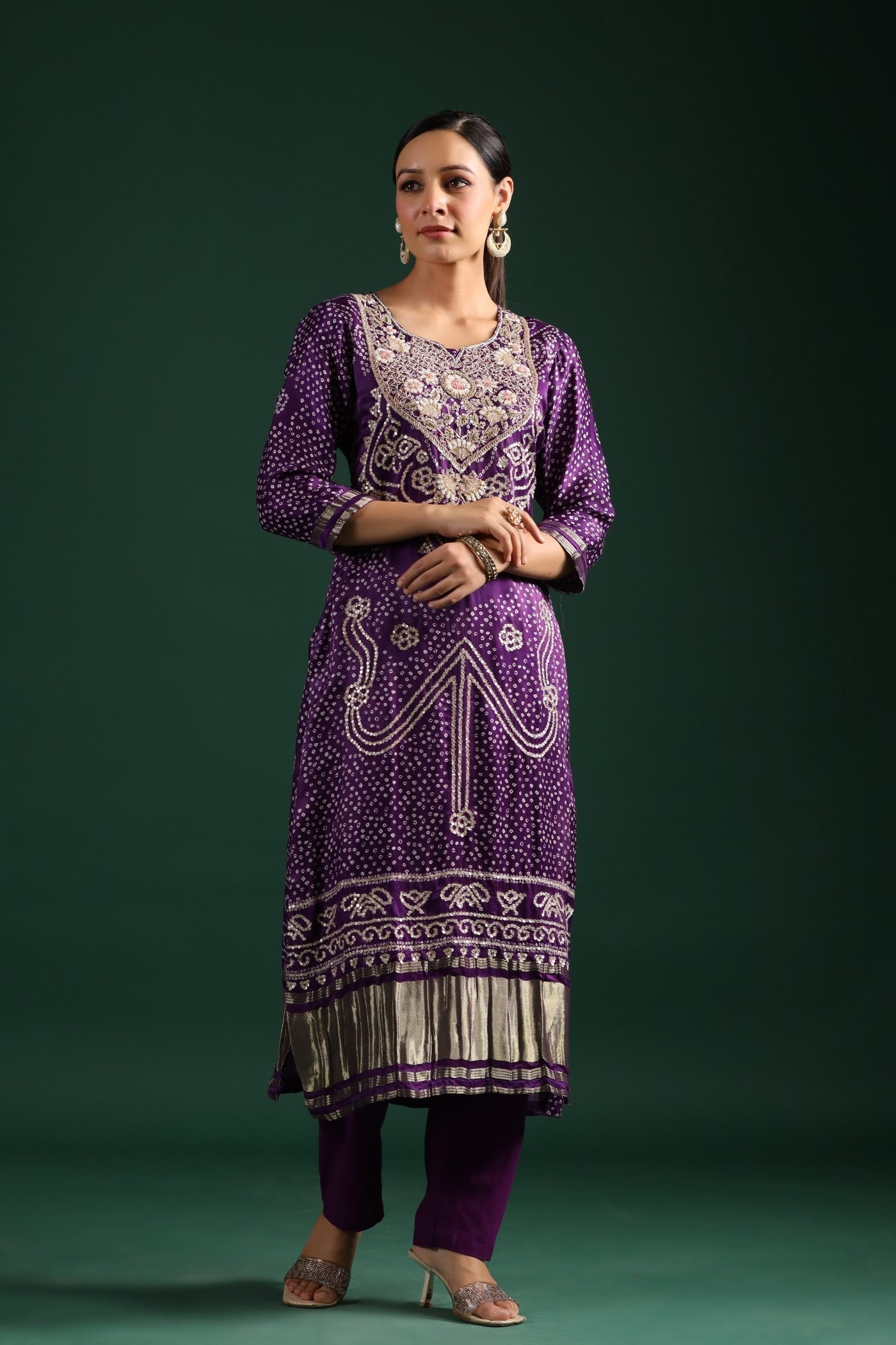 Purple Bandhani Embroidered Kurta Set