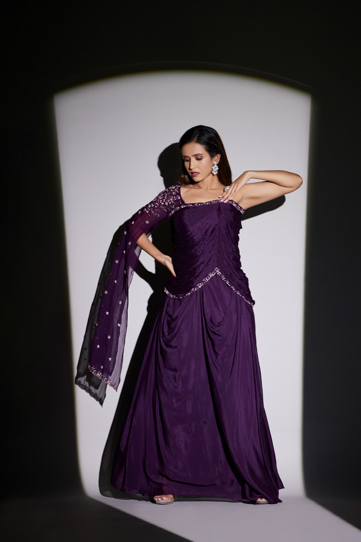 Purple Pure Chinon Silk Draped Gown