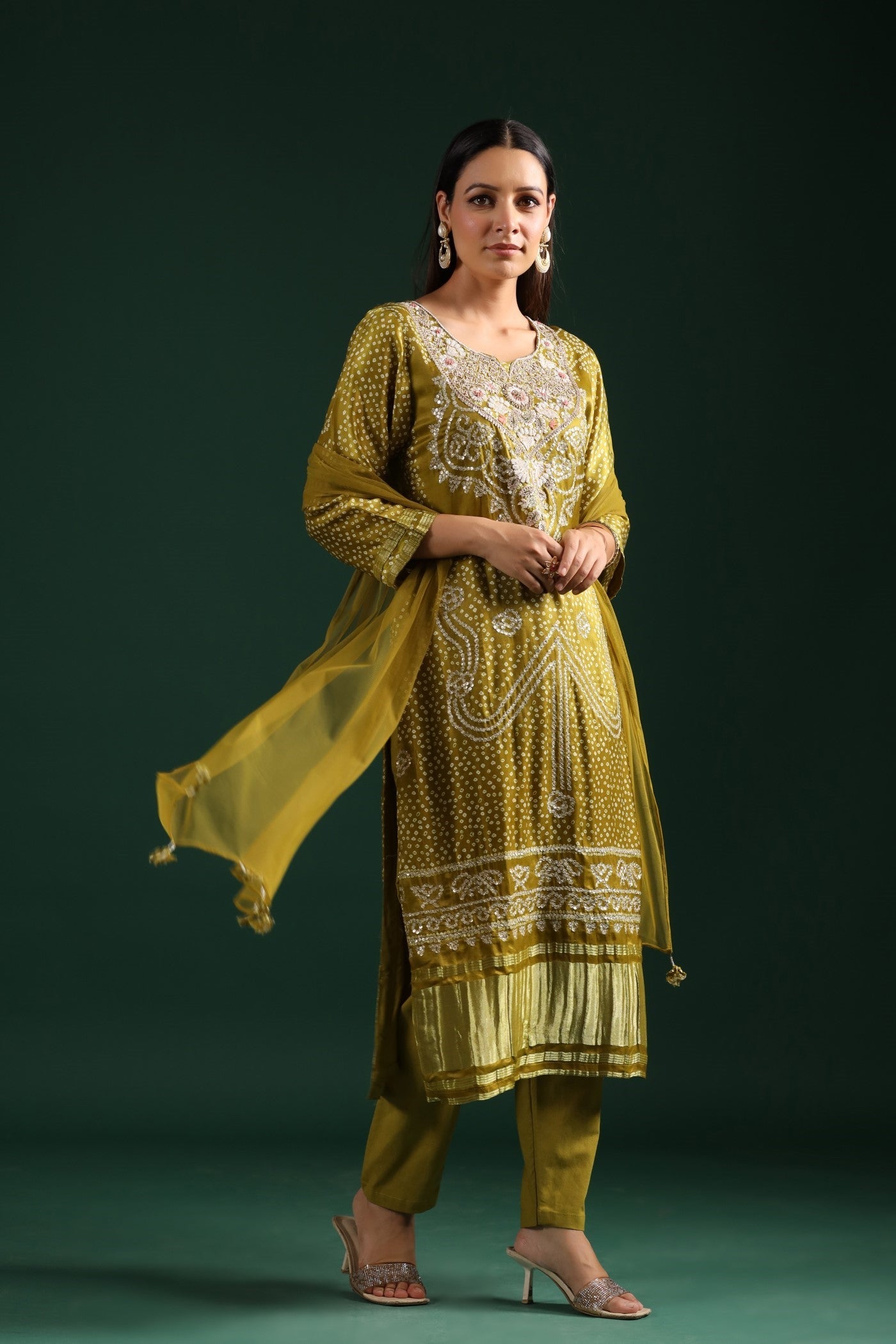 Festive Green Bandhani Embroidered Kurta Set