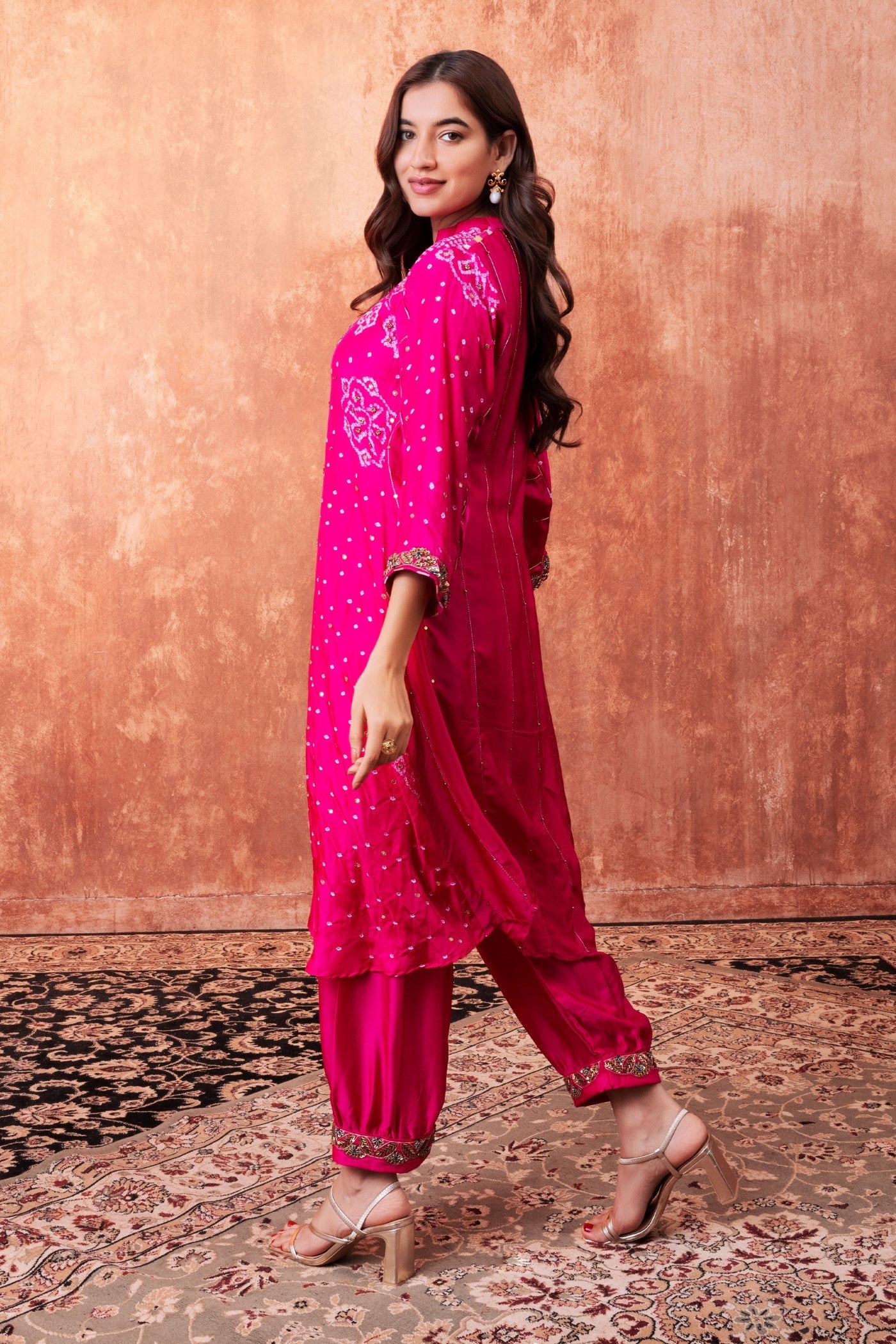 Rani Pink Bandhej Printed Embellished Kurta Set