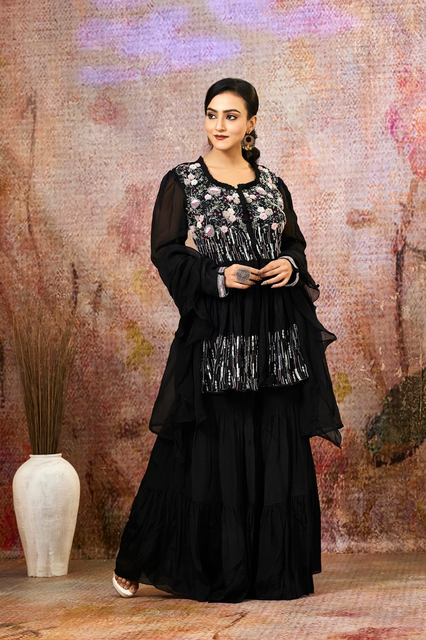 Black Embellished Pure Crepe Silk Sharara Set