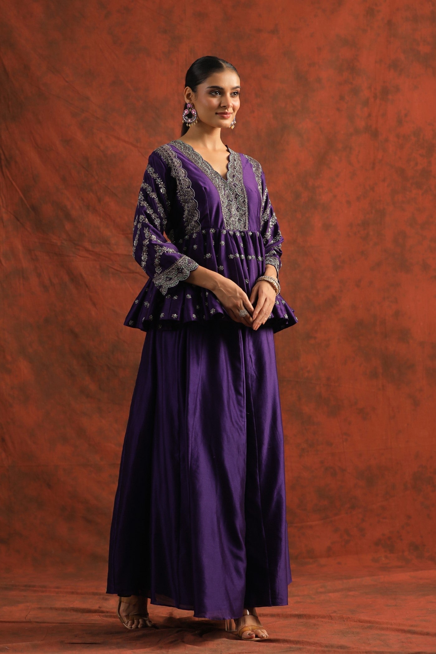 Deep Purple Embroidered Mulberry Silk Peplum with Palazzo