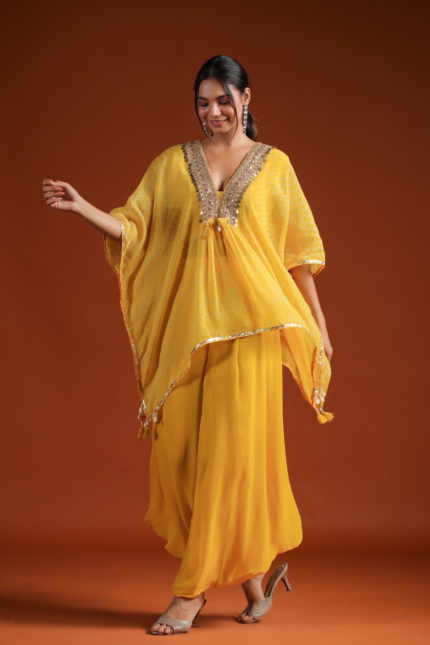 Yellow Chevron Organza Silk Kaftan with Palazzo