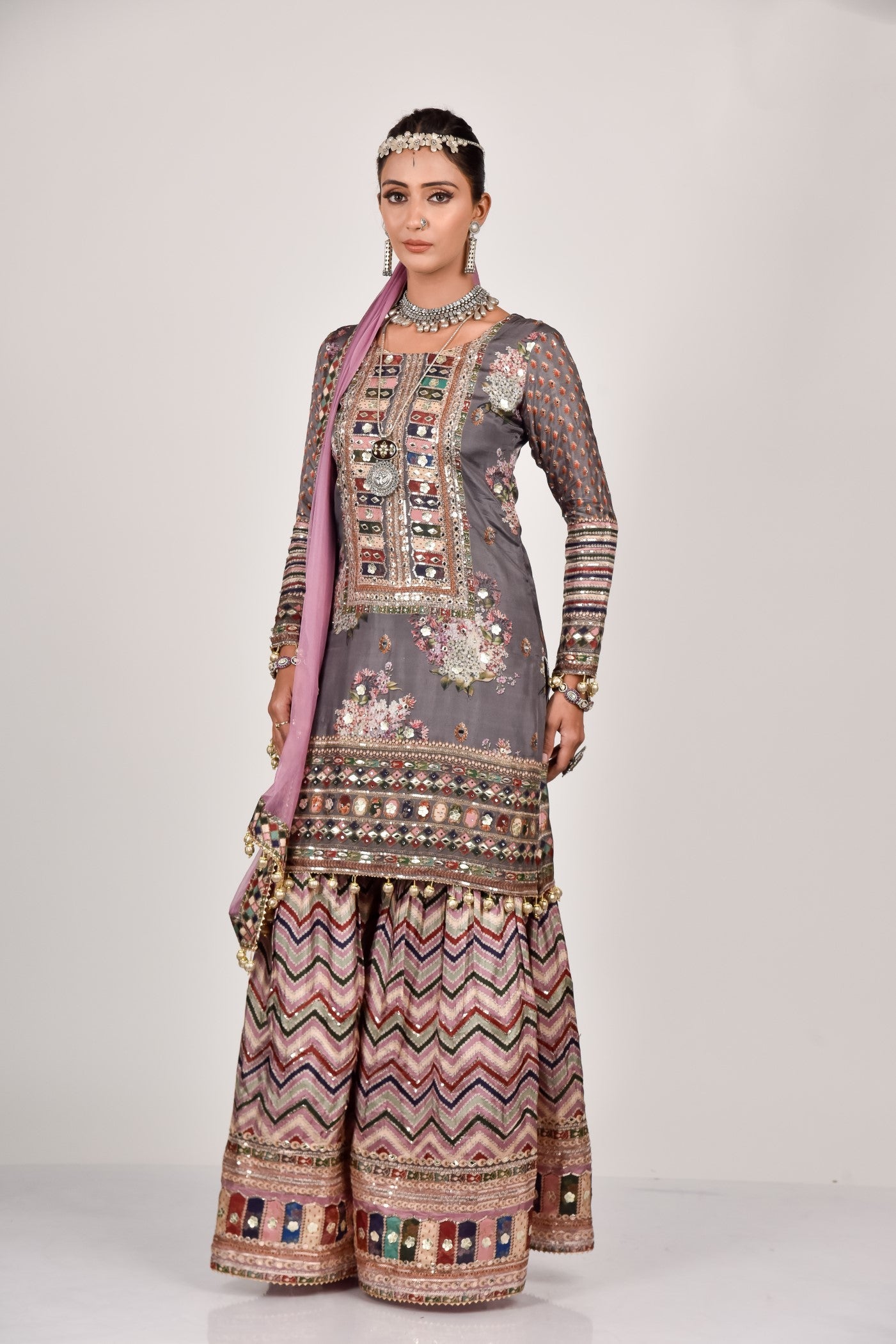 Dusky Grey Embellished Sharara Set