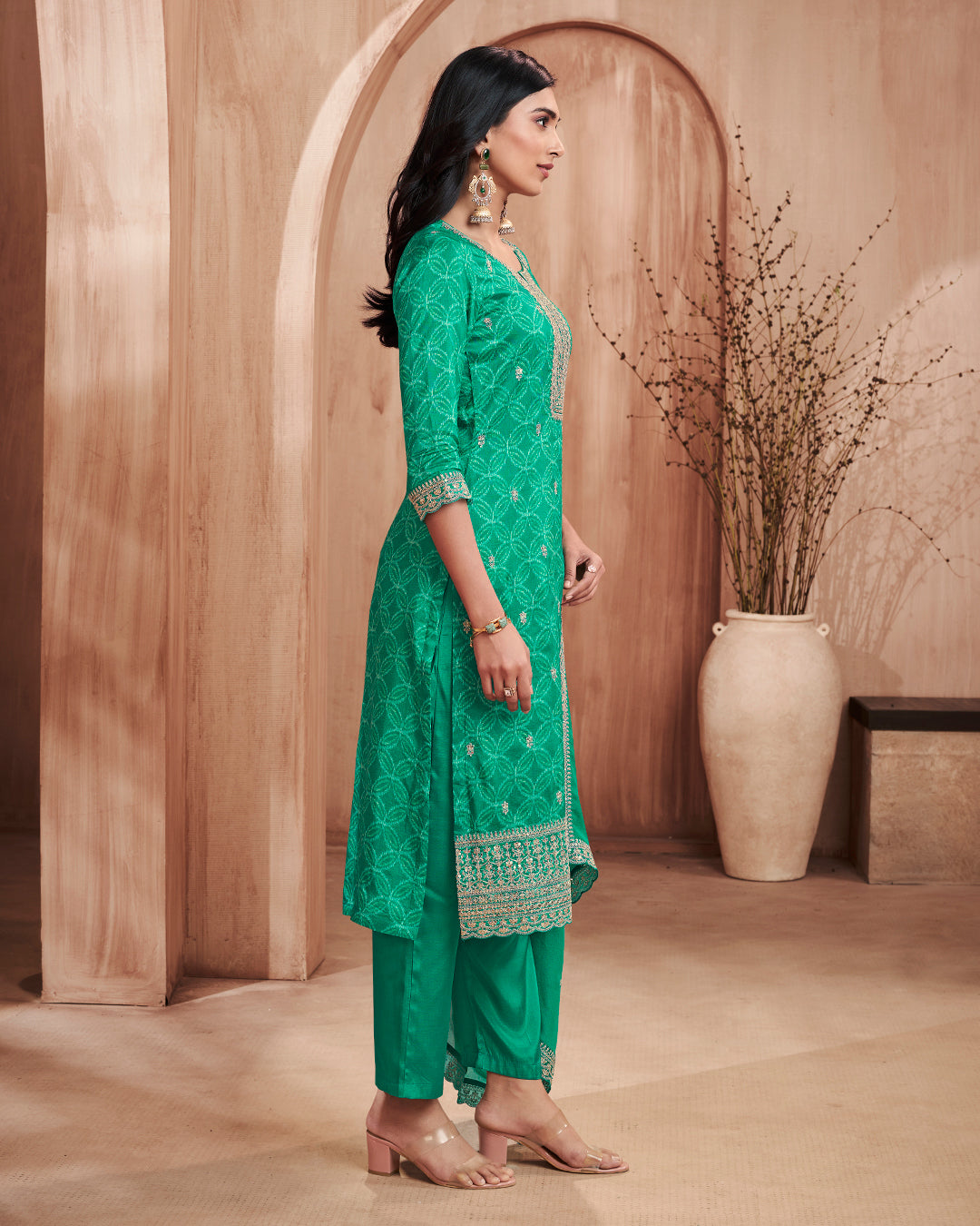 Emerald Regal Embellished Dola Silk Pant Set
