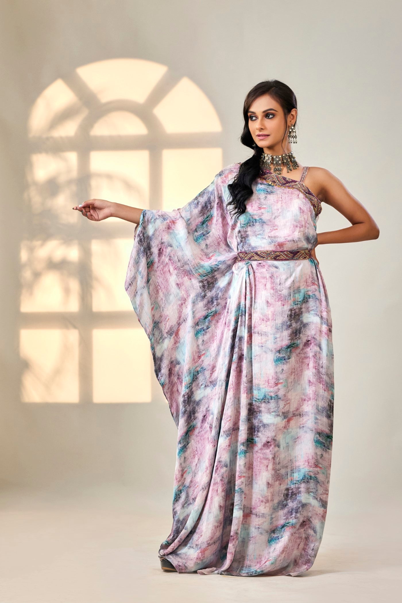 Purple Digital Printed Italian Silk Gown