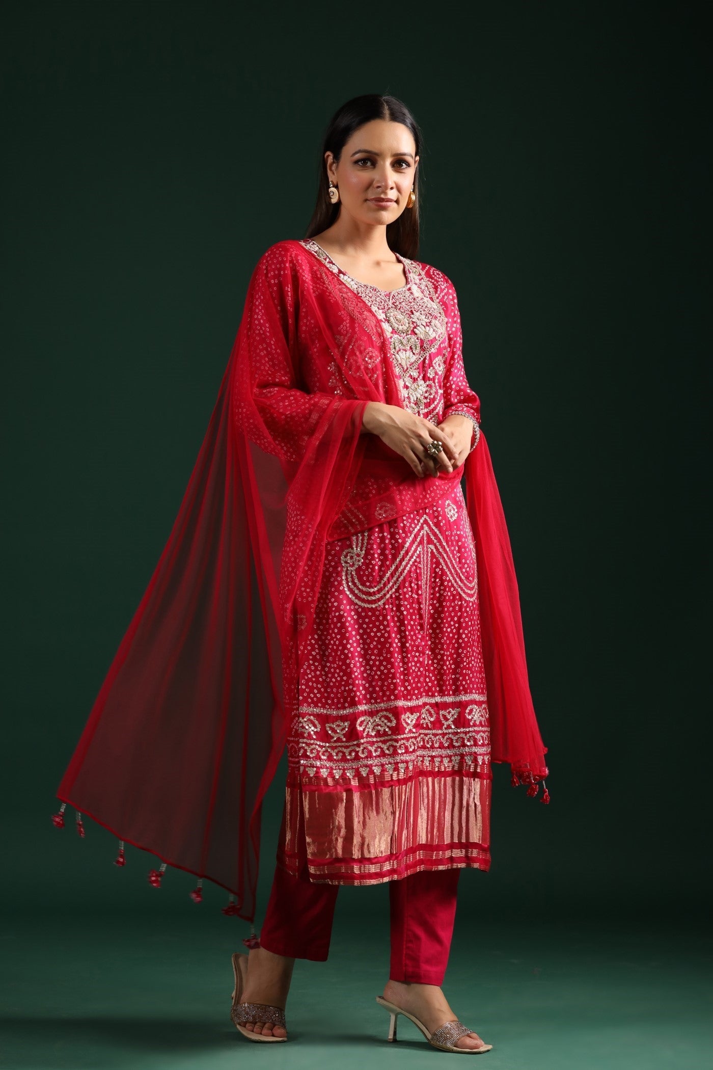 Festive Pink Bandhani Embroidered Kurta Set