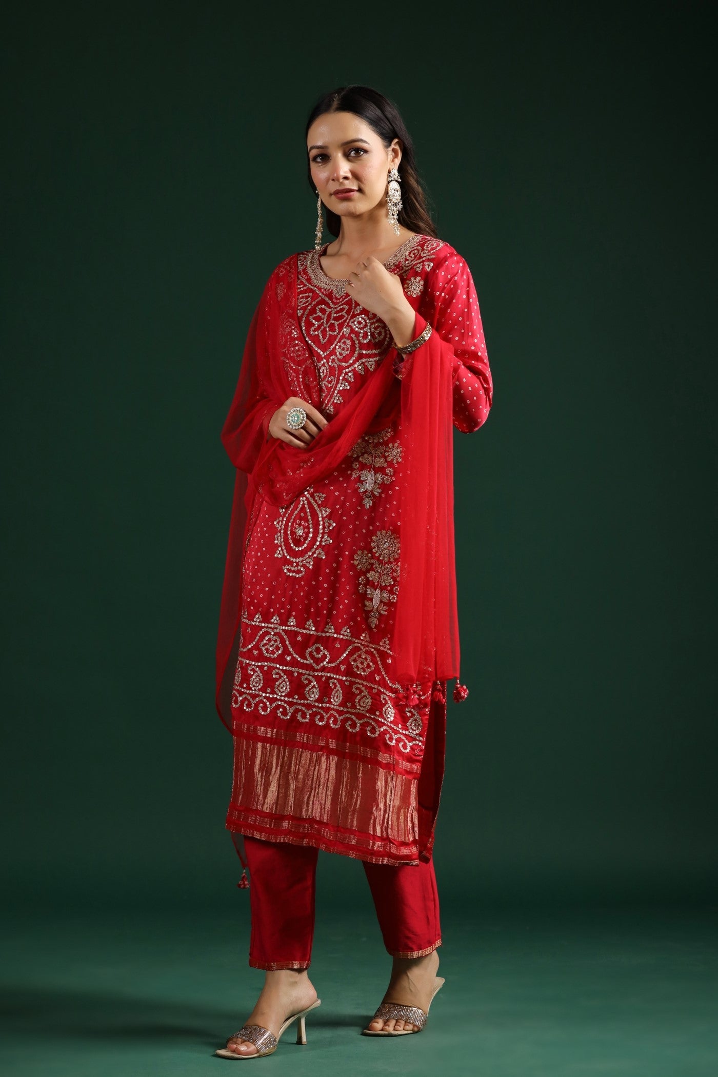 Red Bandhej Gajji Silk Kurta Set