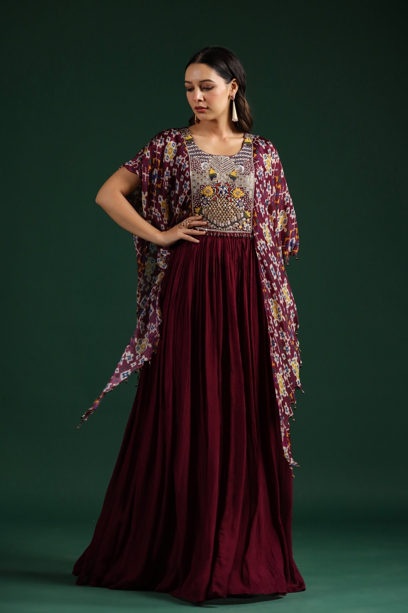 Wine Chinnon Silk Kaftan Style Gown