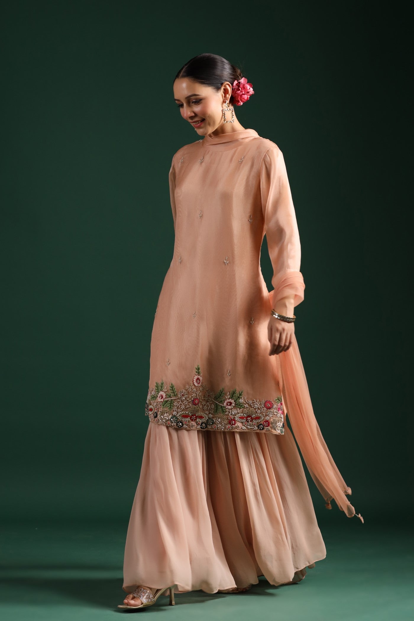 Pastel Peach Embroidered Sharara Set