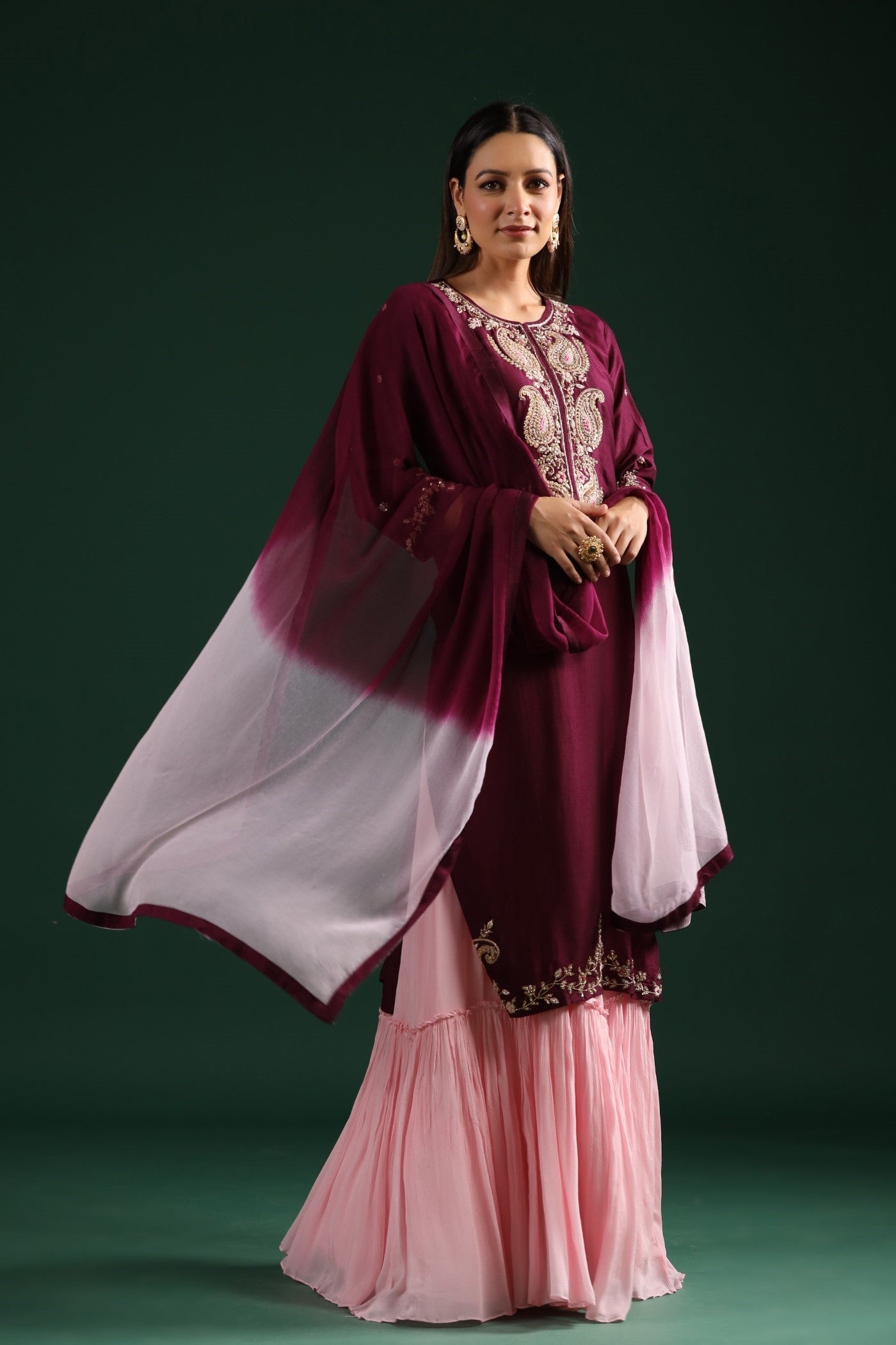 Wine Embroidered Kurta With Contrast Dress