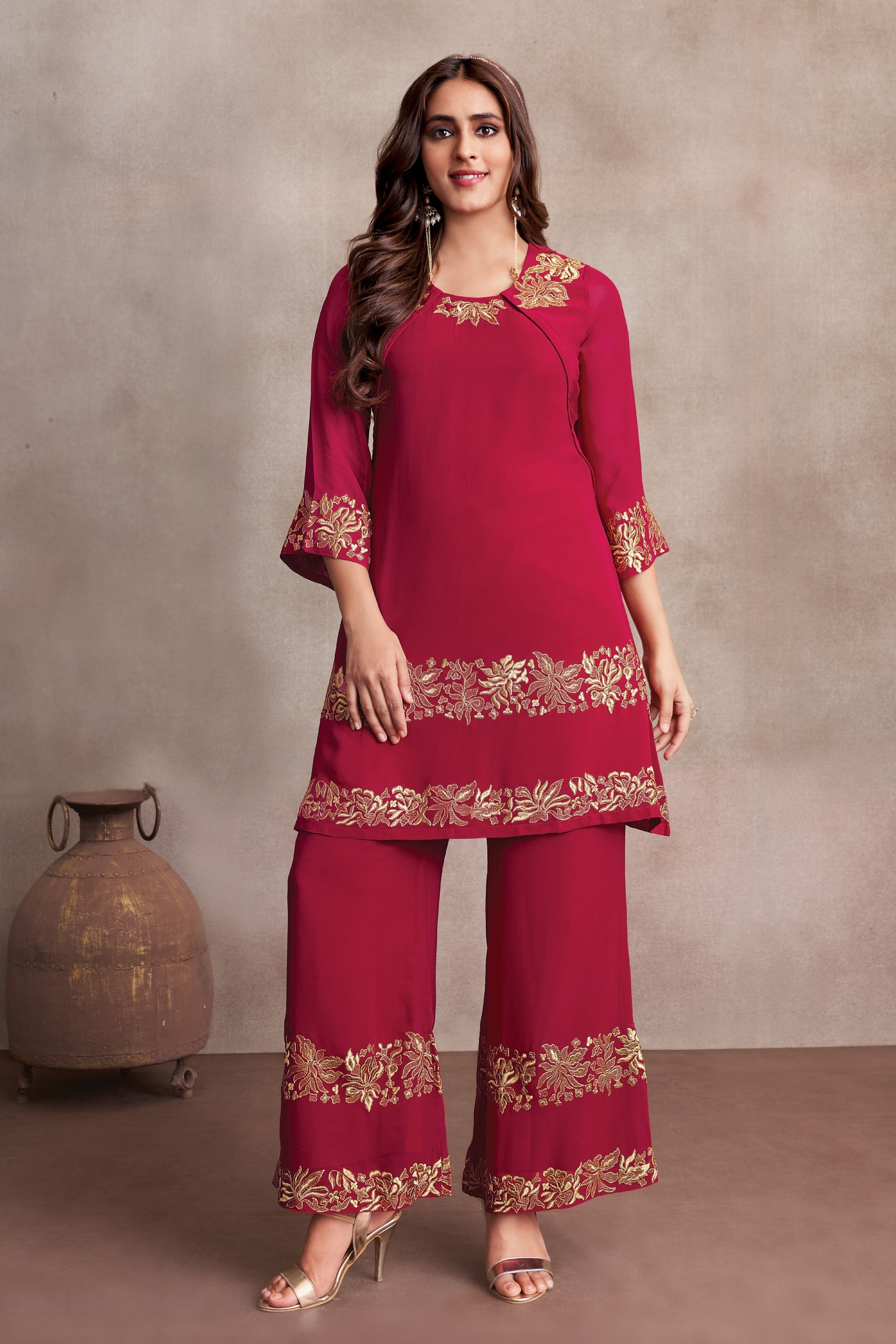 Persian Red Embroidered Georgette Kurta & Palazzo Set