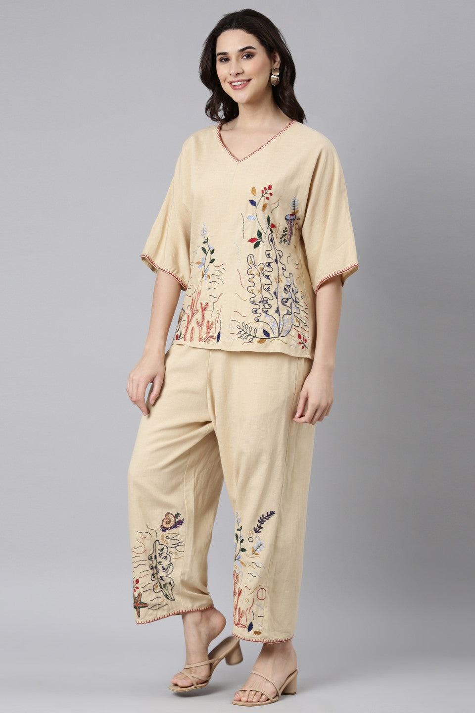 Pale Beige Embroidered Organic Cotton Co-Ord Set