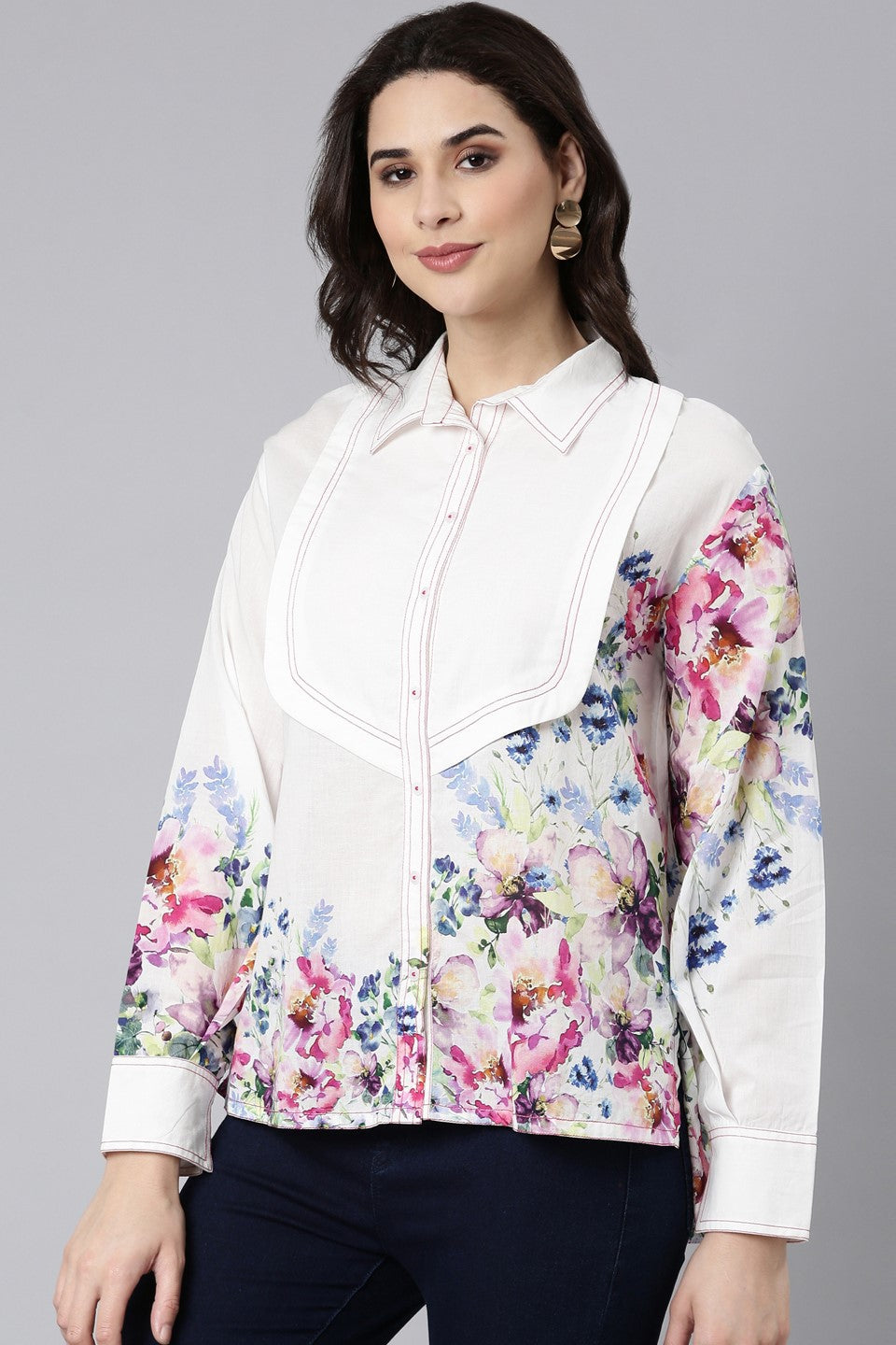 White Floral Printed French Cotton Shirt