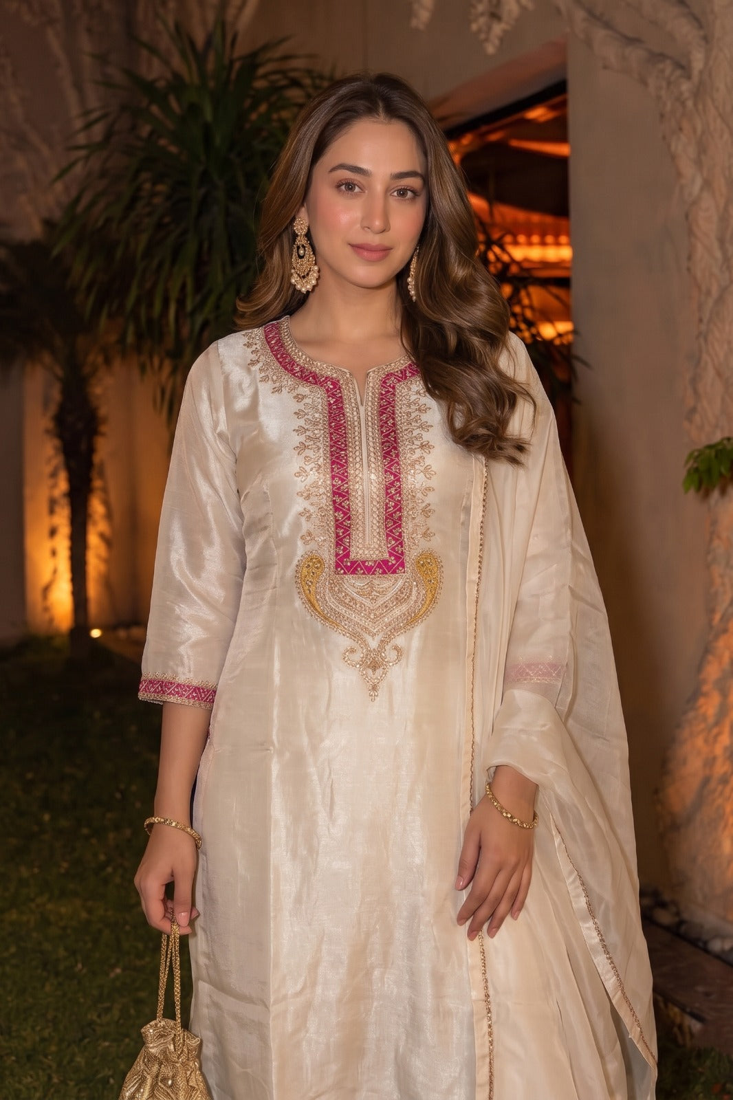 Rich Ivory Embellished Organza Silk Palazzo Set