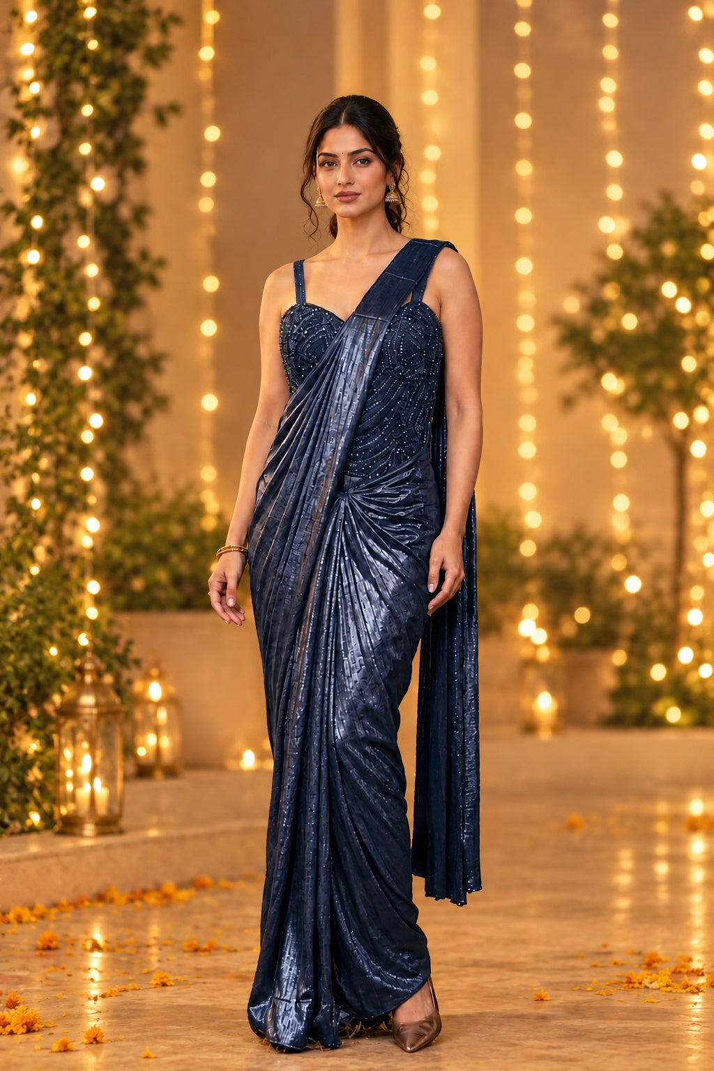 Twilight Blue Embellished Spandex Lycra Silk Draped Saree