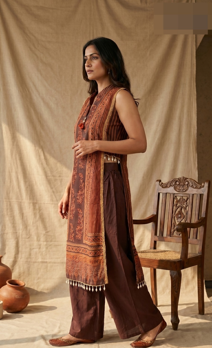 Earthy Cocoa Printed Modal Satin Kurta Set