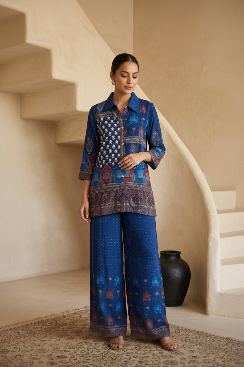 Reya Indigo Printed Muslin Silk Co-Ord Set