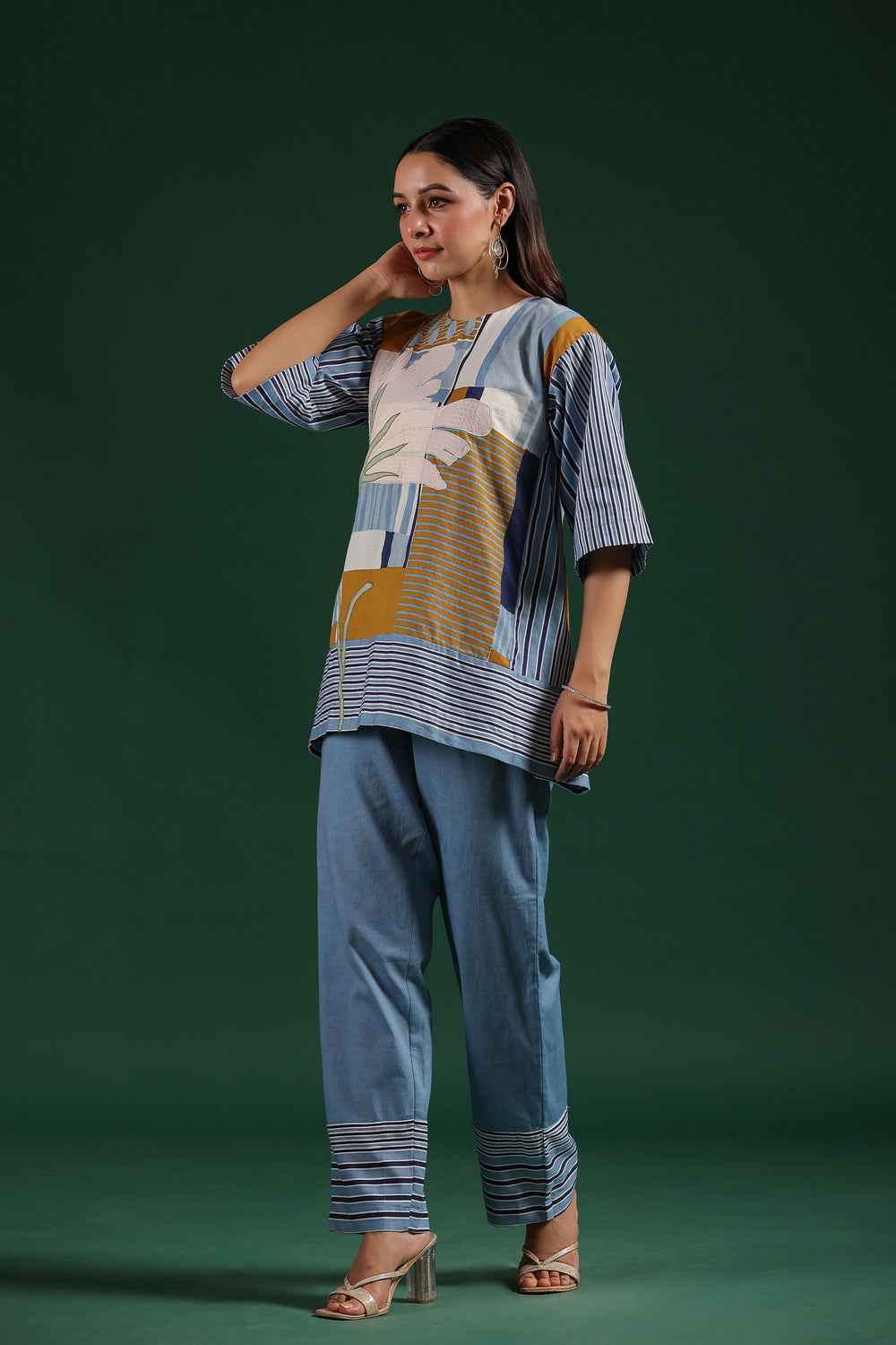 Blue Striped French Cotton Appliqued Co-Ord Set