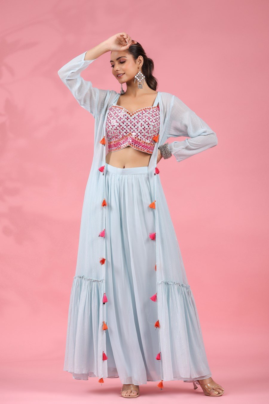 Pastel Blue Embellished Palazzo Set with Cape