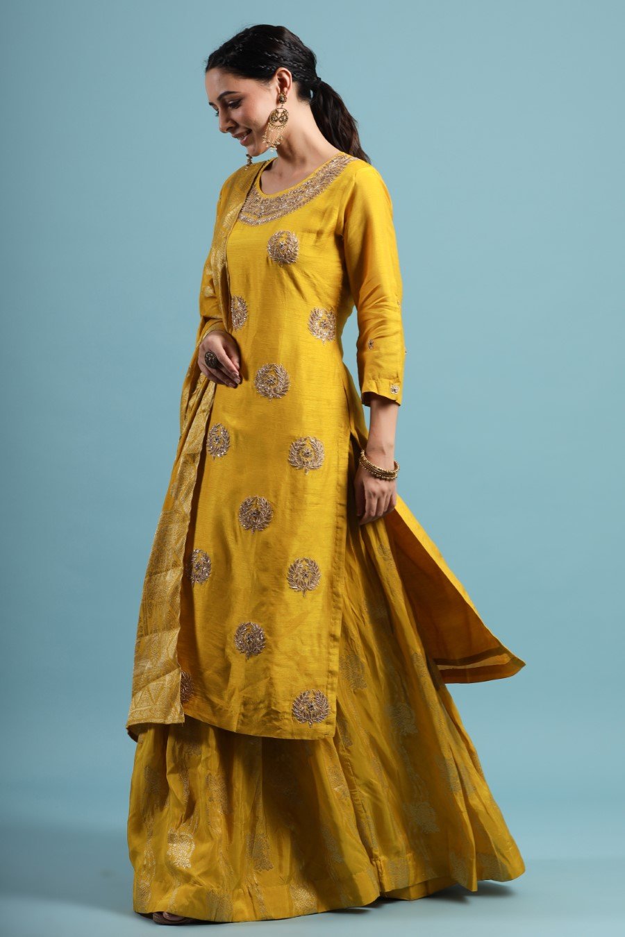 Bright Yellow Gota Patti Kurta &amp; Skirt Set