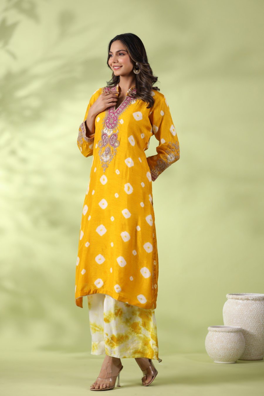 Yellow Bandhej & Zari Embroidered Kurta with Palazzo