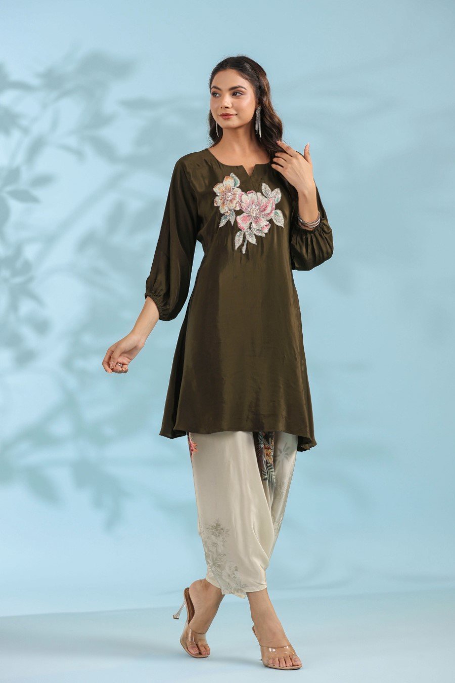 Deep Green Floral Crepe Silk Kurta with Dhoti Pants