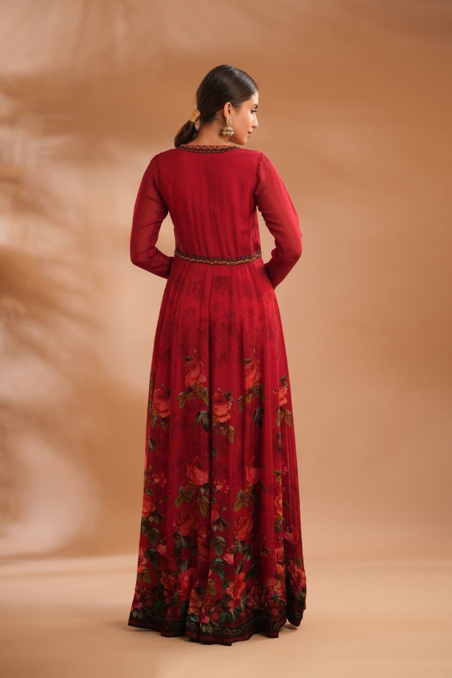 Carmine Red Floral Mulberry Silk Dress