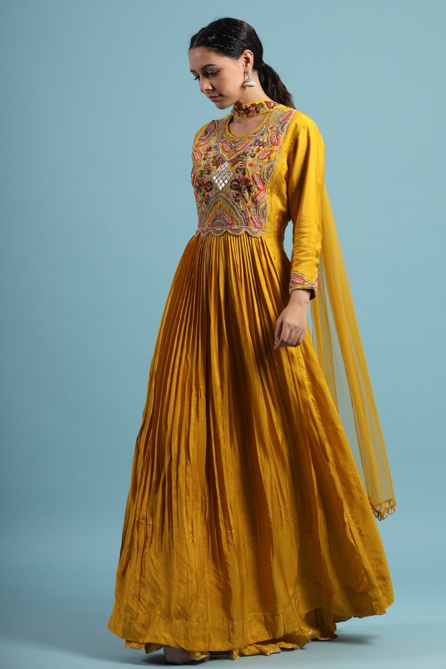 Mustard Kashmiri Silk Embroidered Anarkali with Dupatta