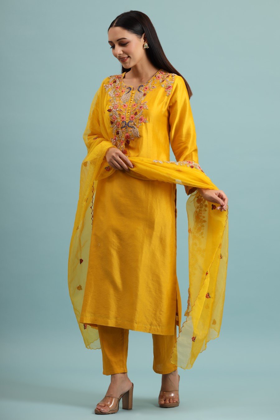 Festive Yellow Modal Chanderi Embroidered Kurta Set