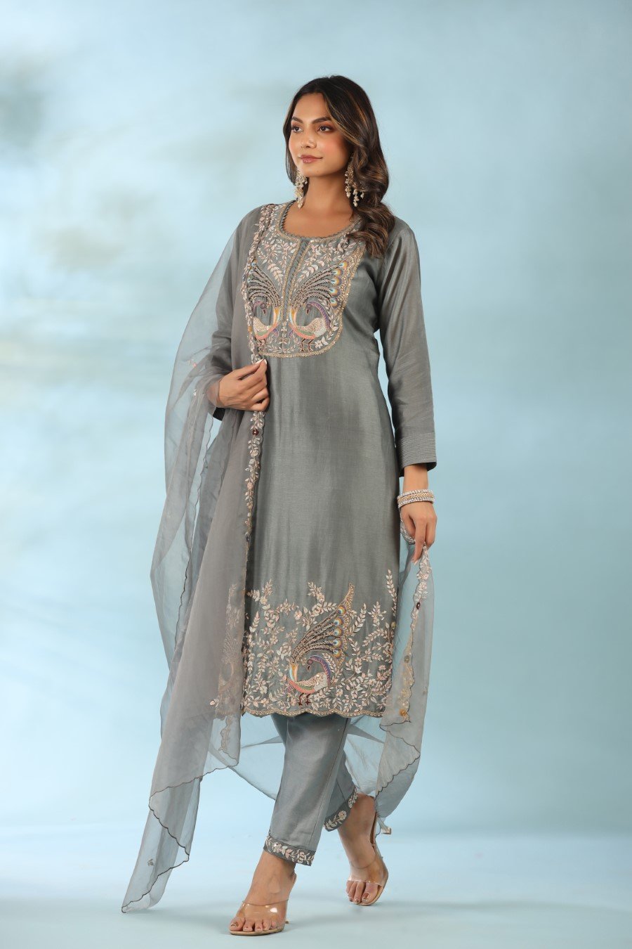 Grey Organza Silk Embroidered Kurta Set