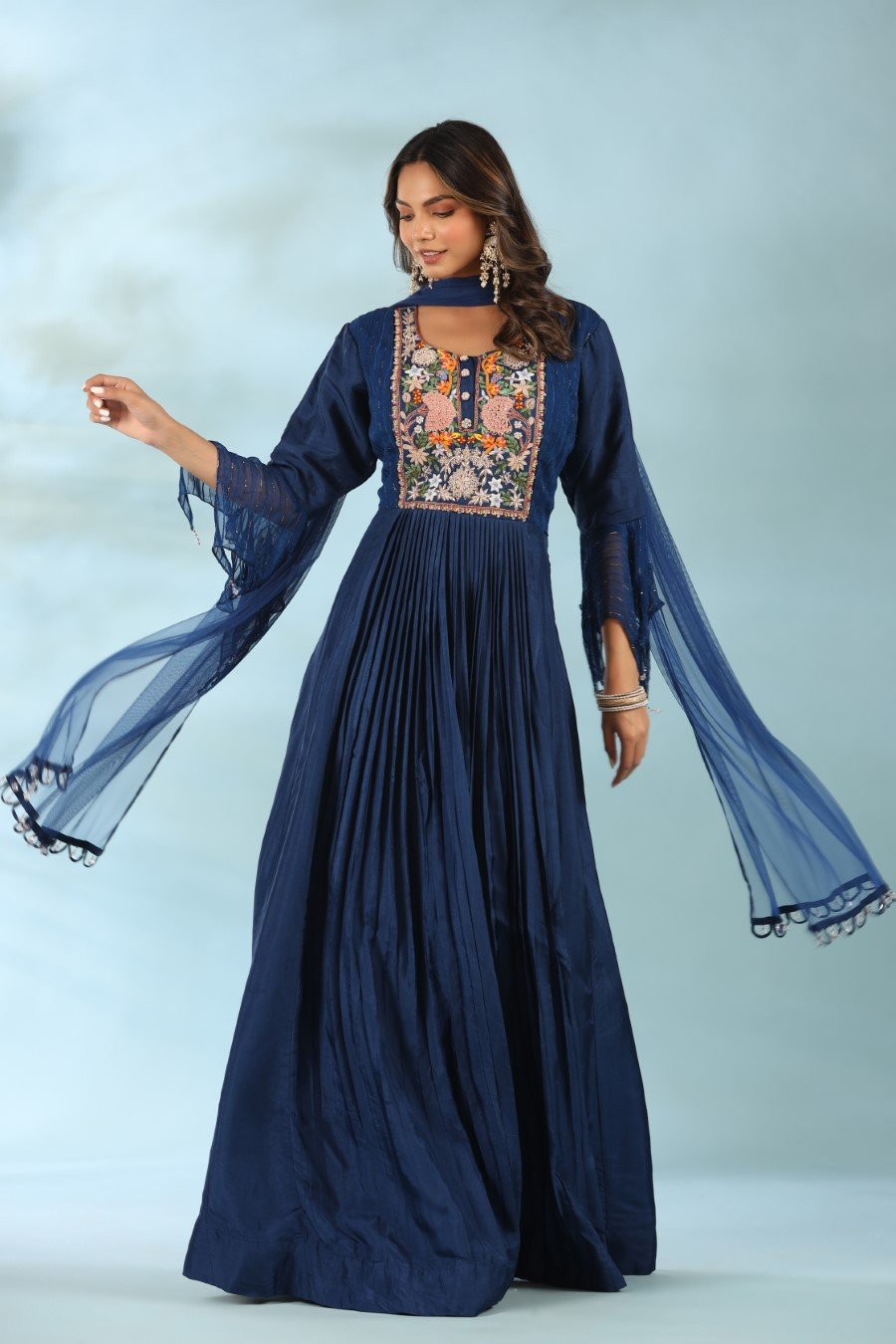 Navy Blue Modal Silk Anarkali with Dupatta