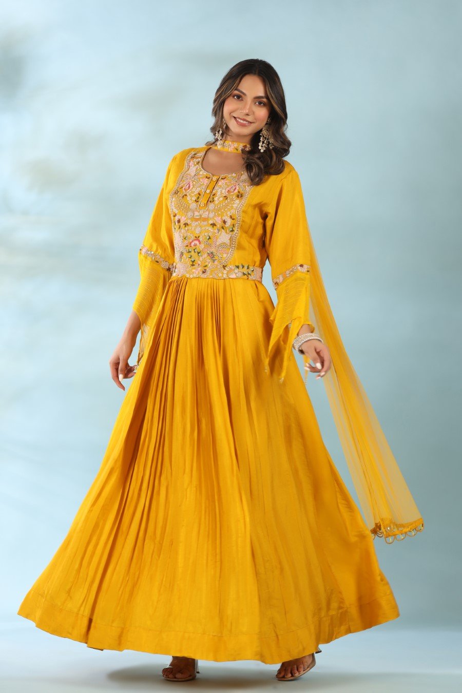 Yellow Modal Silk Anarkali with Dupatta