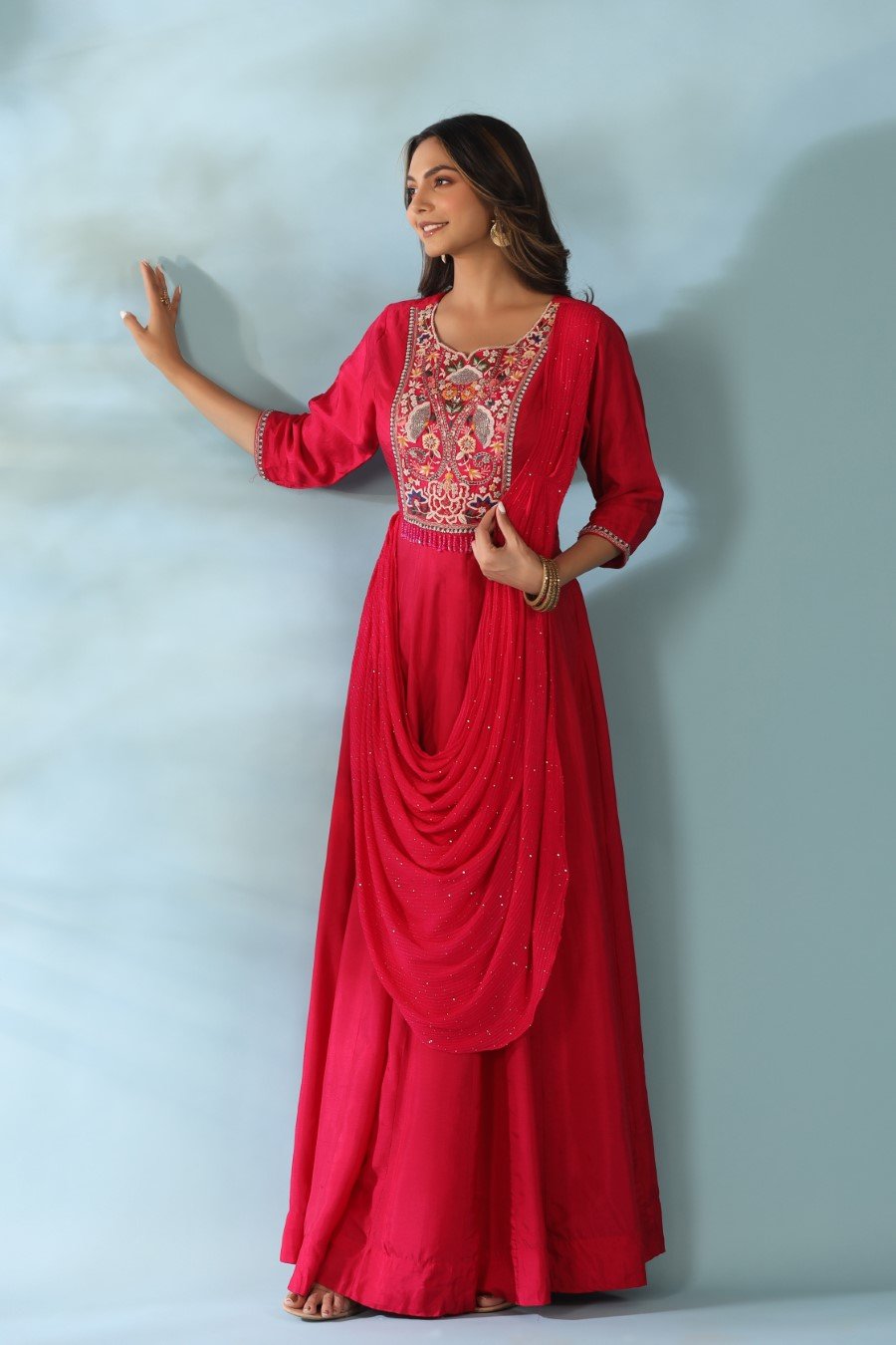 Rani Pink Modal Silk Draped Anarkali