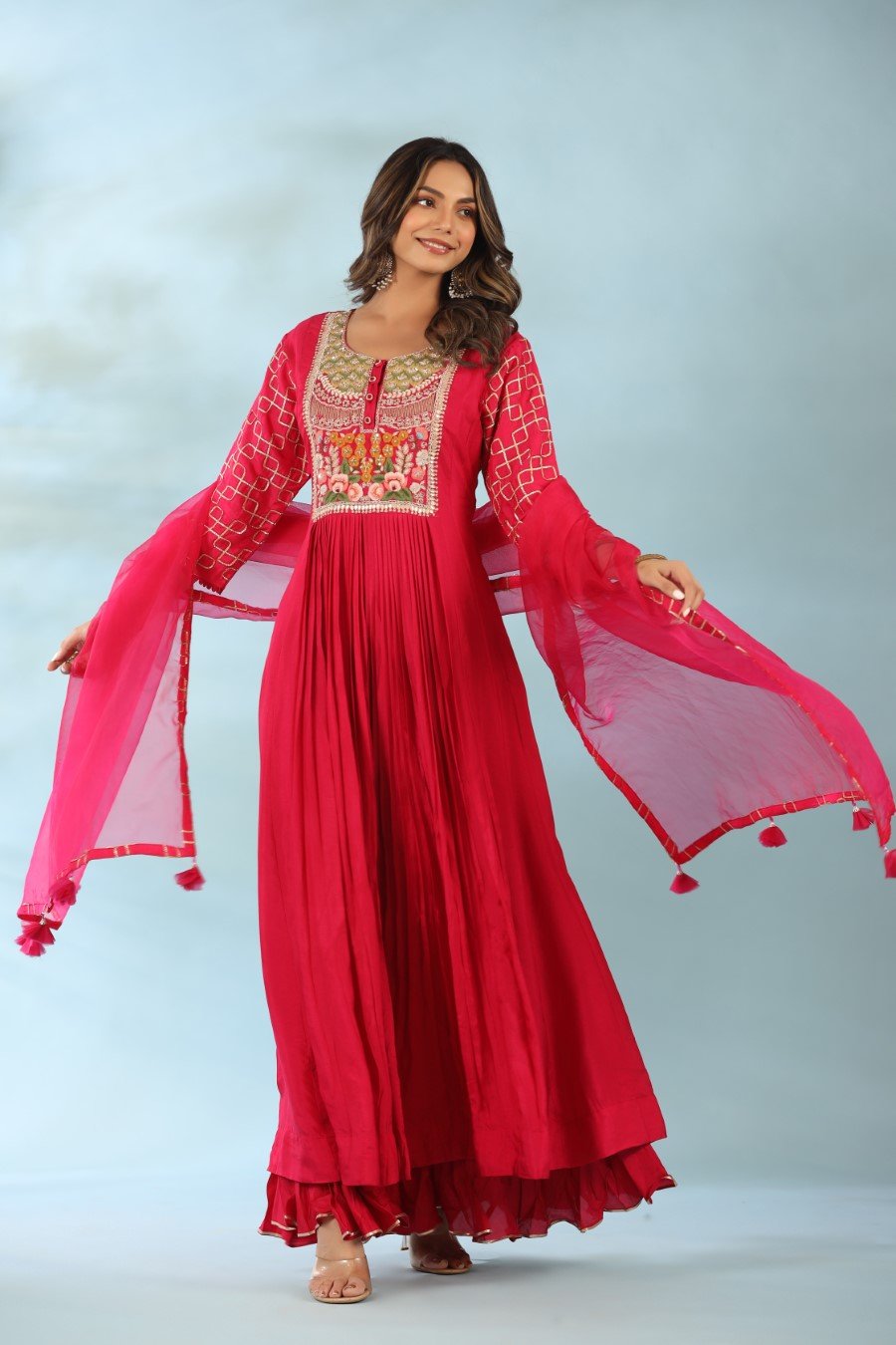 Rani Pink Modal Silk Anarkali with Dupatta