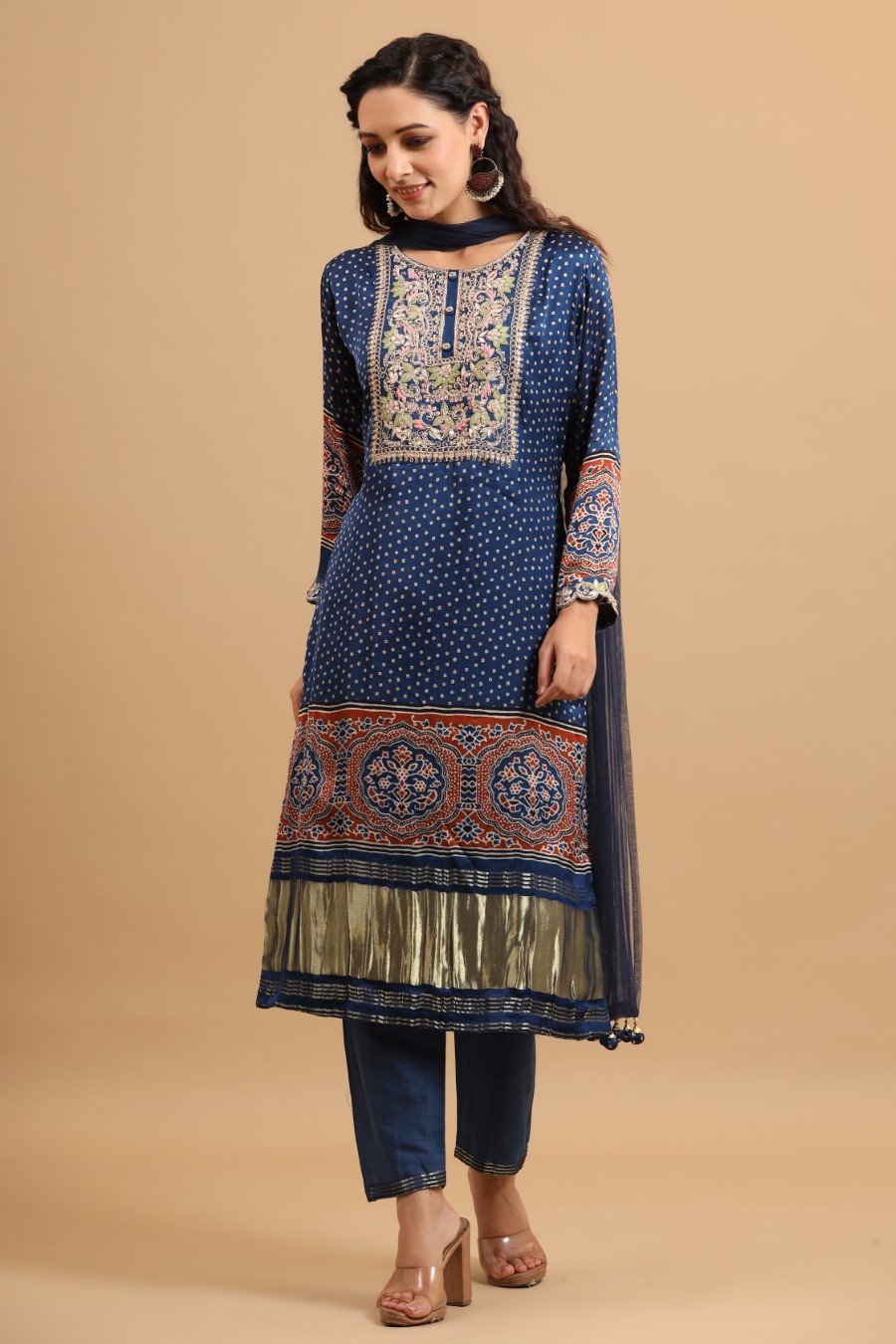 Royal Blue Bandhani &amp; Ajrakh Printed Kurta Set